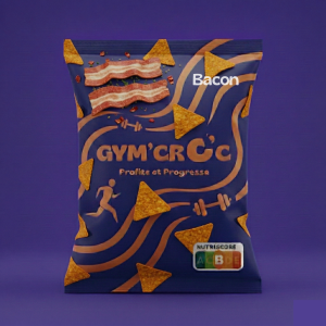 Paquet de tortillas au goût bacon sur un fond bleu